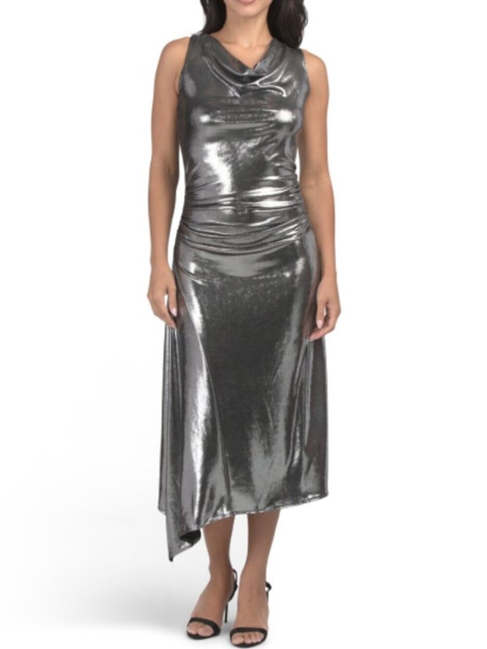 TASH & SOPHIE Made In Usa Slinky Foil Midi Dress With Cowl Neck